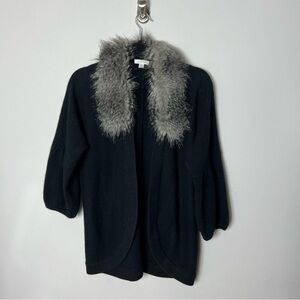 Garnet Hill Women’s Fur Trimmed Cardigan Sweater Black Open Cozy Wool *K